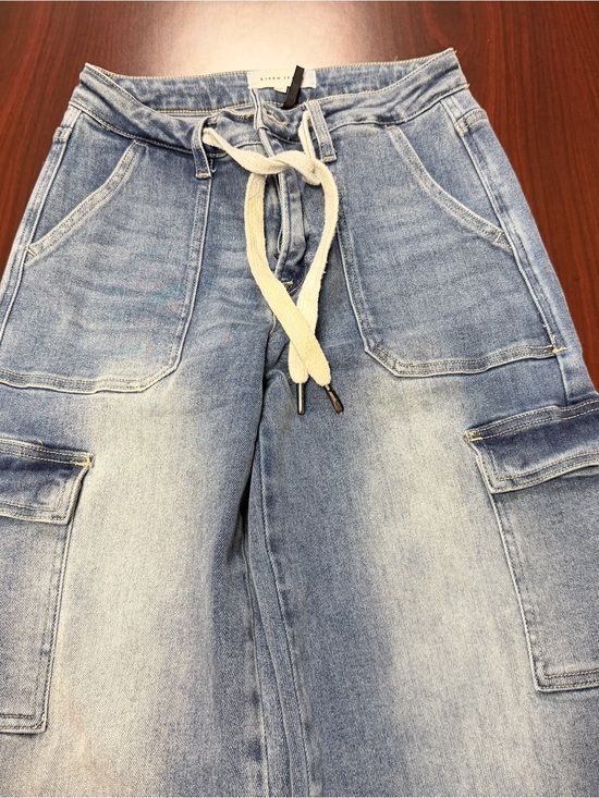 Risen Jeans Denim - Light Wash Wide Leg Cargo Jeans with Drawstring Waist